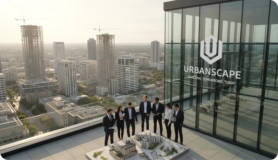 Urbanscape leadership team reviewing a development model on a rooftop terrace