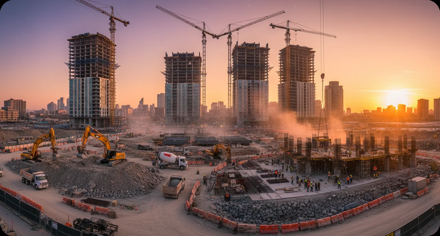 High-rise construction site at sunset with tower cranes
